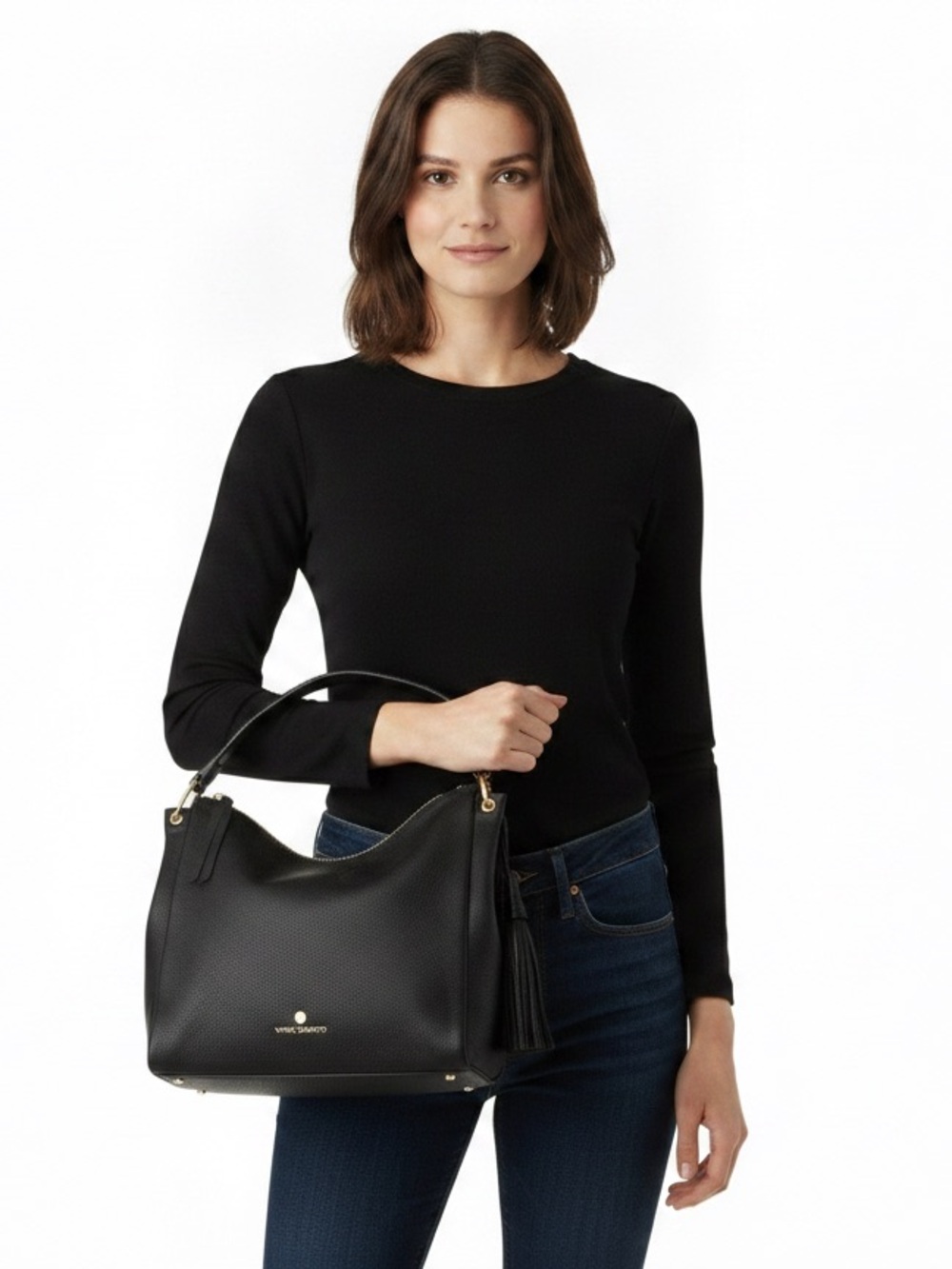 Vince Camuto Black Leather Hobo Shoulder Bag Tassel Gold Hardware